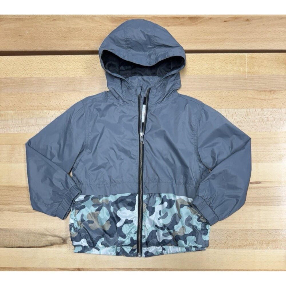 Gymboree Boy's Full Zip Hooded Windbreaker Jacket XS/4 Rain Jacket Gray/Camo